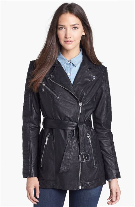 michael kors belted leather moto jacket|Michael Kors leather motorcycle jacket.